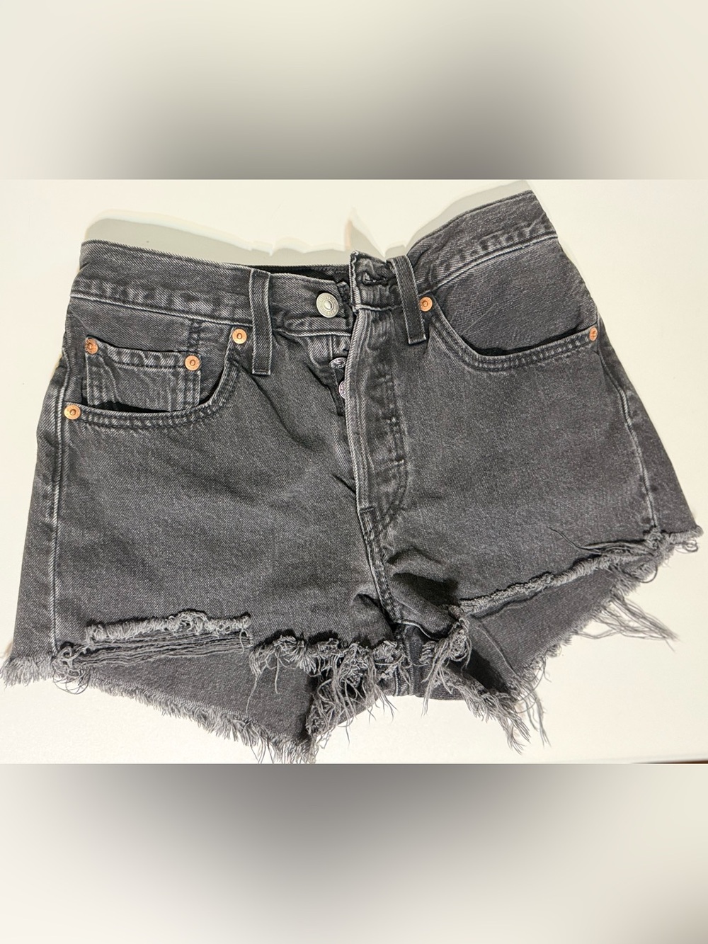 Leviโs 501 Original High Rise Black Distressed Cutoff Denim Shorts